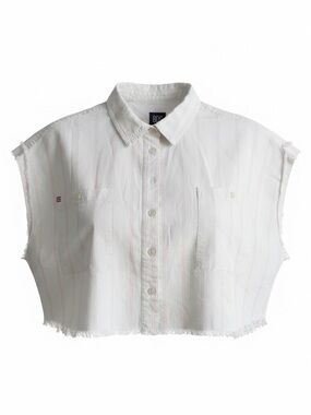 BDG White Short-Sleeve Cropped Button-Up with Pink Pinstripes